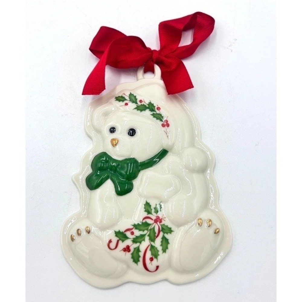 Lenox Holiday Ribbon Teddy Bear Cookie Press Porcelain Ornament w/Sleeve‎